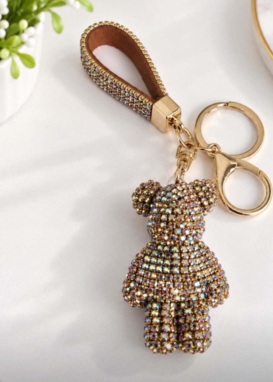 Teddy Bear Gold AB Rhinestone Bag Charm Key Chain New